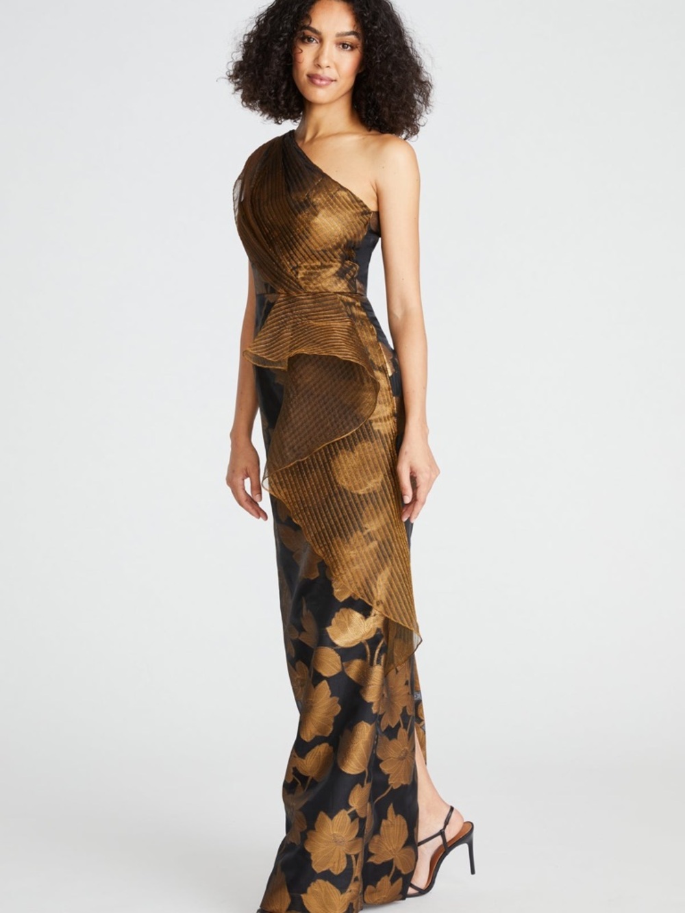 Theia One-Shoulder Black and Gold Floral Evening Gown - Picture 2 of 8